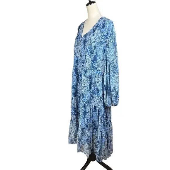 Joie NWT XXL Blue Parisian Paisley Sheer Long Balloon Sleeve Tiered Midi Dress - Picture 5 of 15